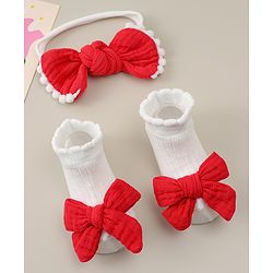 Bonfino Headband & Socks Combo Set With Bow Applique - Red