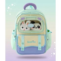 Bonfino Kids School Backpack with Plush Window, Bunny & Panda Soft Toys, 4 Compartments, 22L - Green|  Lightweight Polyester-Nylon| School Bag for Girls & Boys| Bottle Pouch