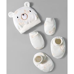 Bonfino Cotton Knit Cap Mittens & Booties Set With Animal Print White - Diameter 9.5 cm