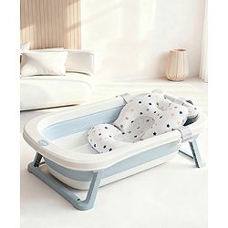Bonfino Foldable Baby Bathtub with Printed Cushion - Blue| Anti-Slip Base & Drain Plug| Lightweight & Portable| Bathing Tub for Infants & Toddlers| Removable & Easy to Dry Cushion