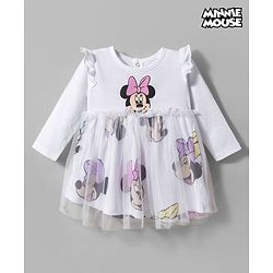Bonfino Disney Single Jersey Knit Full Sleeves Frill Detailed  Frcok with Minnie Mouse Print - White