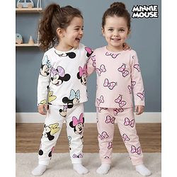 Bonfino Disney Single Jersey Knit Full Sleeves Co-ord Night Suits With Minnie Mouse Print Pack of 2 - White & Lavender