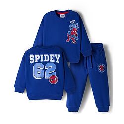 Bonfino Marvel Terry Knit Full Sleeves Oversized Sweatshirt & Lounge Pant Set with Spider Man Front & Back Graphic - Blue