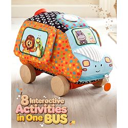 Bonfino Soft Activity Bus with Wooden Wheels for Babies & Toddlers  Multicolor| Interactive Sensory Toy with Mirror Zipper & Crinkle Sound| BIS Certified| for Finger Dexterity| Toddler Gifting Option
