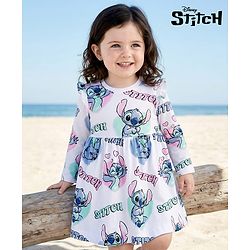Bonfino Disney Single Jersey Knit Full Sleeve Frock with Lilo N Stitch Print - White