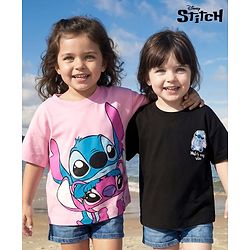 Bonfino Disney Single Jersey Knit Half Sleeves Drop Shoulder T-Shirts With Lilo N Stitch Pack Of 2 - Pink & Black