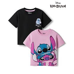Bonfino Disney Single Jersey Knit Half Sleeves Drop Shoulder T-Shirts With Lilo N Stitch Pack Of 2 - Pink & Black