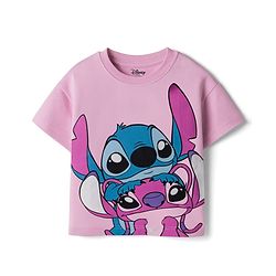 Bonfino Disney Single Jersey Knit Half Sleeves Drop Shoulder T-Shirts With Lilo N Stitch Pack Of 2 - Pink & Black