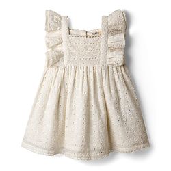 Bonfino Cotton Woven Frill Sleeves Schiffli Dress - White