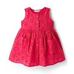 Bonfino Woven Sleeveless Schiffli Dress With Front Button Placket Opening & Patch Pockets On Both Sides - Coral
