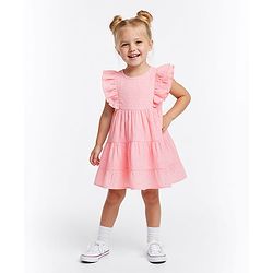 Bonfino Cotton Woven Sleeveless Schiffli Dress With Panels and Ruffle Details - Light Pink
