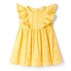 Bonfino Cotton Woven Ruffle Sleeves Schiffli Dress - Yellow