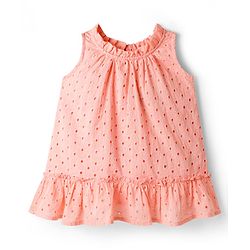 Bonfino Cotton Woven Sleeveless Schiffli Frock with Ruffles at Bottom Hem Panel - Pink