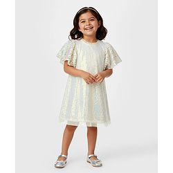 Bonfino Woven Half Ruffle Sleeves Party Dress with Sequin Detailing - White