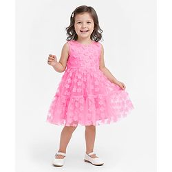 Bonfino Woven Half Flutter Sleeves Party Dress with 3D Flowers Detailing - Pink