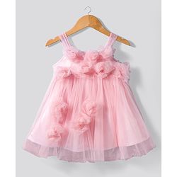 Bonfino Woven Sleeveless Mesh Party Dress With 3D Flowers - Pink
