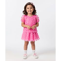 Bonfino Woven Half Puffed Sleeves Party Top & Skirt Set with 3D Flowers Embellished - Pink
