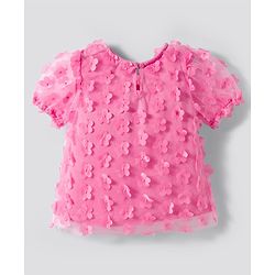Bonfino Woven Half Puffed Sleeves Party Top & Skirt Set with 3D Flowers Embellished - Pink