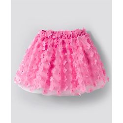 Bonfino Woven Half Puffed Sleeves Party Top & Skirt Set with 3D Flowers Embellished - Pink