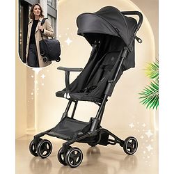 Bonfino Runway Nano Lightweight Compact Stroller - Black| Ultra-Compact Fold| 3 Level Reclining Backrest| Safety Harness| Carry Strap|  UV Protection Canopy| Cabin-Friendly Design| Linen Fabric