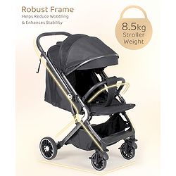 Bonfino Triton Ace Landscape Stroller with Reversible Handle - Black| Safety Harness| Suspension Wheels| Swivel Lock| Linked Brake| Reclining Seat| Adjustable Leg Rest| Foldable Canopy