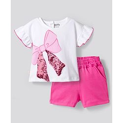 Bonfino 100% Cotton Knit Flutter Sleeves T-Shirt & Shorts Set With Reversible Sequins - White & Pink