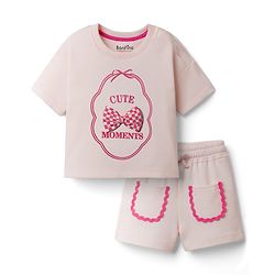 Bonfino 100% Cotton Knit Half Sleeves Oversized T-Shirt & Shorts Set with Bow Applique - Pink