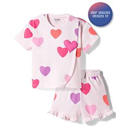 Bonfino 100% Cotton Knit Half Sleeves Oversized Co-ords T-Shirt & Shorts Set with Heart Print & Bow Applique - Pink
