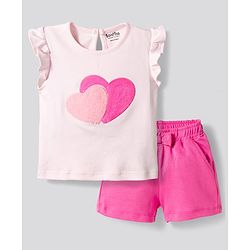 Bonfino 100% Cotton Knit Frill Sleeves T-Shirt & Shorts Set With Sequin Embroidery - Pink