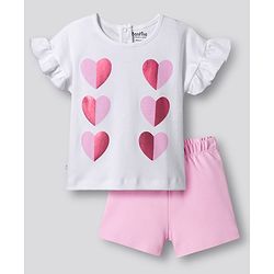 Bonfino 100% Cotton Knit Flutter Sleeves T-Shirt & Shorts Set With Heart Print - White & Pink