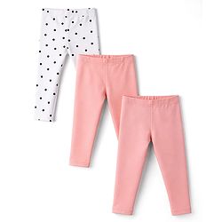 Bonfino Cotton Knit Full Length Solid Colour Leggings With Polka Dot Pack Of 3 - Pink & White