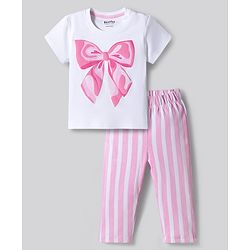 Bonfino 100% Cotton Knit Half Sleeves Night Suit With Bow Print - White & Pink
