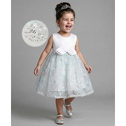 Bonfino Woven Sleveless Party Dress with Sequin Floral Detailing & Bow Applique - Mint & White
