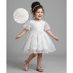 Bonfino Woven Half Sleeves Scalloped Party Dress with Floral Sequin Embroidery - Off White