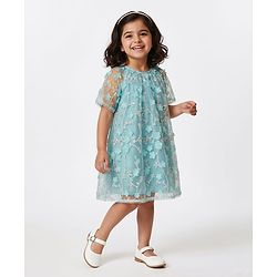 Bonfino Woven Half Raglan Sleeves Party Dress With 3D Floral Applique & Embroidery - Light Blue