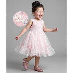 Bonfino Woven Sleveless Smocked Party Dress with Heart Sequin Detailing - Pink