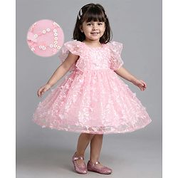 Bonfino Woven Half Ruffle Sleeves Party Dress with Sequin & Butterfly Detailing - Pink