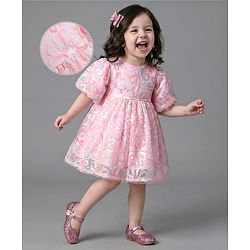 Bonfino Woven Half Puffed Sleeves Party Dress with Sequin Detailing - Pink