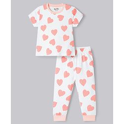 Bonfino 100% Cotton Knit Full Sleeves Co-ords Night Suit With Heart Print - White