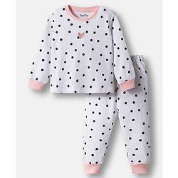 Bonifino 100% Cotton Knit Full Sleeves Co-ord Night Suit With Polka Dot Print - White