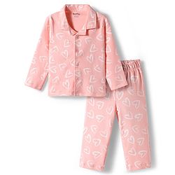 Bonfino 100% Cotton Knit Full Sleeves Co-ord Night Suit With Heart Print - Peach