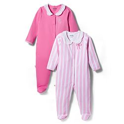 Bonfino 100% Cotton Knit Full Sleeves Striped & Solid Footed Sleepsuits Pack of 2 - Pink & White