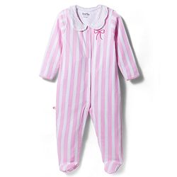 Bonfino 100% Cotton Knit Full Sleeves Striped & Solid Footed Sleepsuits Pack of 2 - Pink & White