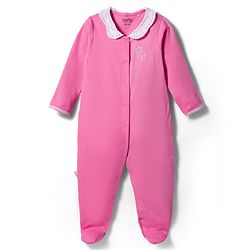 Bonfino 100% Cotton Knit Full Sleeves Striped & Solid Footed Sleepsuits Pack of 2 - Pink & White