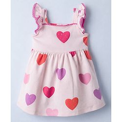 Bonfino 100% Cotton Knit Flutter Sleeves Dress With Heart Print - Pink