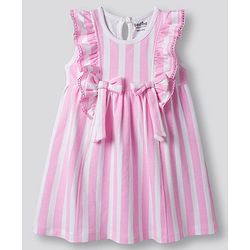 Bonfino 100% Cotton Knit Frill Sleeves Striped Frock With Bow Applique - Pink & White