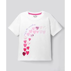 Bonfino 100% Cotton Oversized Drop Shoulder Half Sleeves T-Shirt With Heart Print & Sequin - White