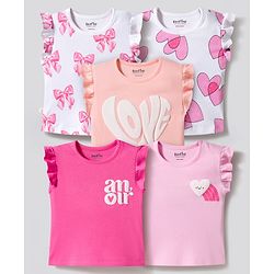Bonfino 100% Cotton Knit Frill Sleeves T-Shirts with Heart & Bow Print Pack of 5 - Multicolor