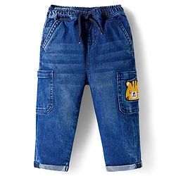 Bonfino Woven Full Length Washed Jeans With Tiger Embroidery & Patch Pockets - Blue