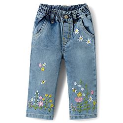 Bonfino Woven Full Length Barrel Fit Washed Denim Jeans With Floral Embroidery - Light Blue